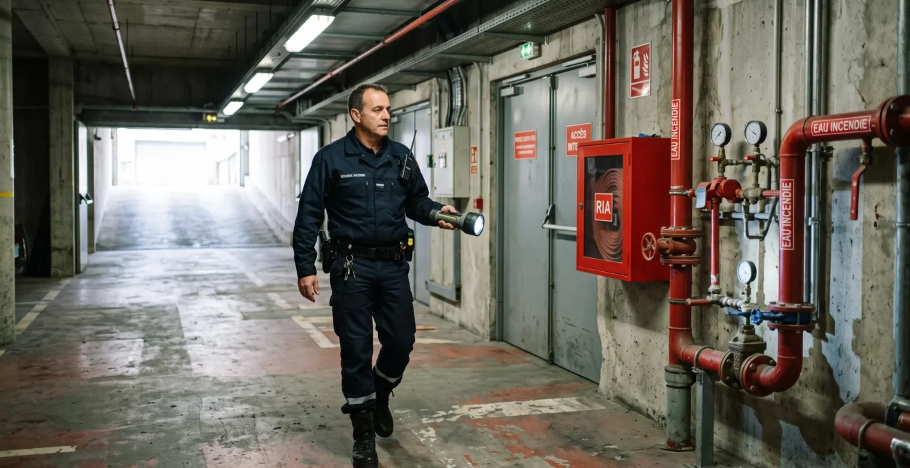 Un chef de service incendie inspecte les équipements de sécurité dans un parking souterrain.
