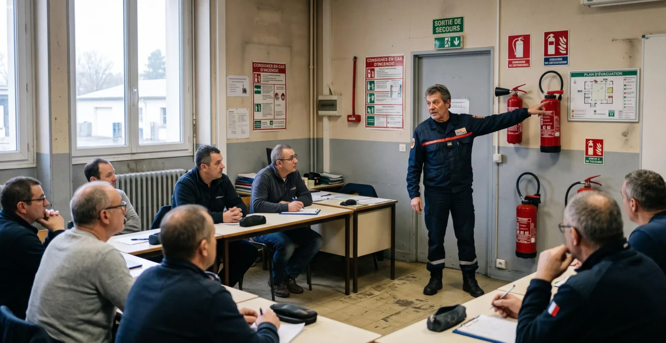 Un formateur présente une session de formation sécurité incendie à des stagiaires adultes dans une salle.