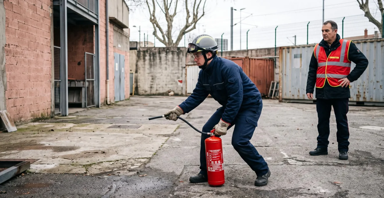Un stagiaire manipule un extincteur lors d'un exercice pratique encadré par un instructeur.